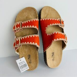 NWT Niki Slip On Sandals Women's 9 Orange Double Strap Gold Buckles Embroidered
